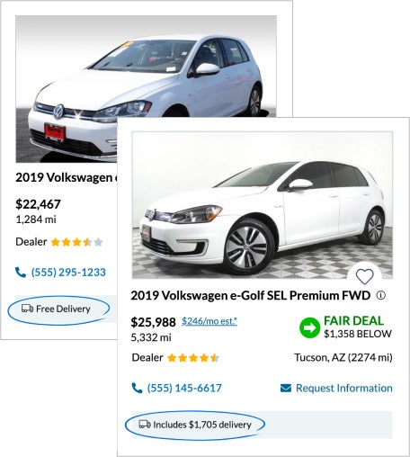 Example car for sale listing with delivery truck icon.
